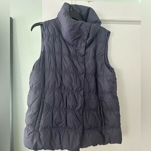 Eileen Fisher High Collar Eggshell Recycled Nylon Stand Collar Vest.